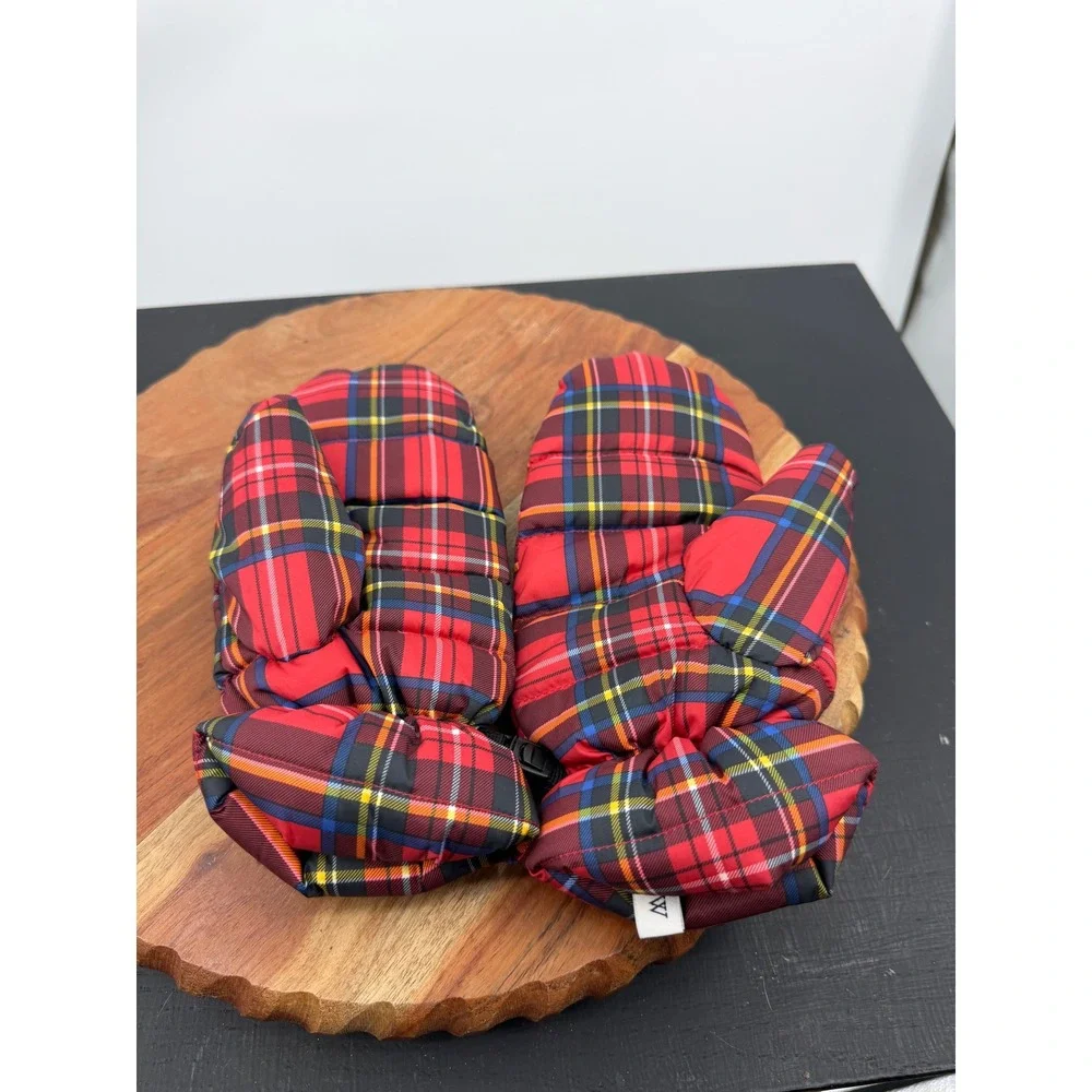 J. Crew Tartan Plaid Puffer Mittens Womens OS Red Quilted Fleece Lined Winter